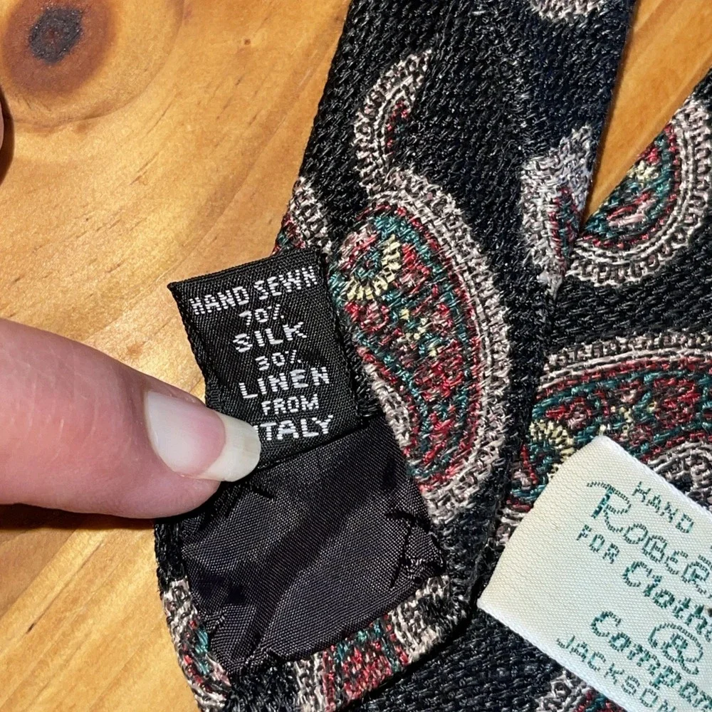 Robert Talbot Hand Sewn Necktie Men Black Linen Silk Paisley Vintage Wedding‎